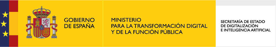 Bandera de España con el emblema del Gobierno, acompañada del texto "Ministerio para la Transformación Digital y de la Función Pública" y "Secretaría de Estado de Digitalización e Inteligencia Artificial".