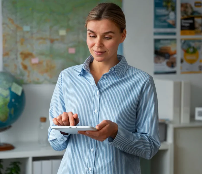 Mujer de pie en una oficina moderna, usando una tableta mientras sonríe. Detrás, un globo terráqueo y un mapa en la pared, junto a carteles informativos. La imagen refleja un ambiente profesional y tecnológico.
